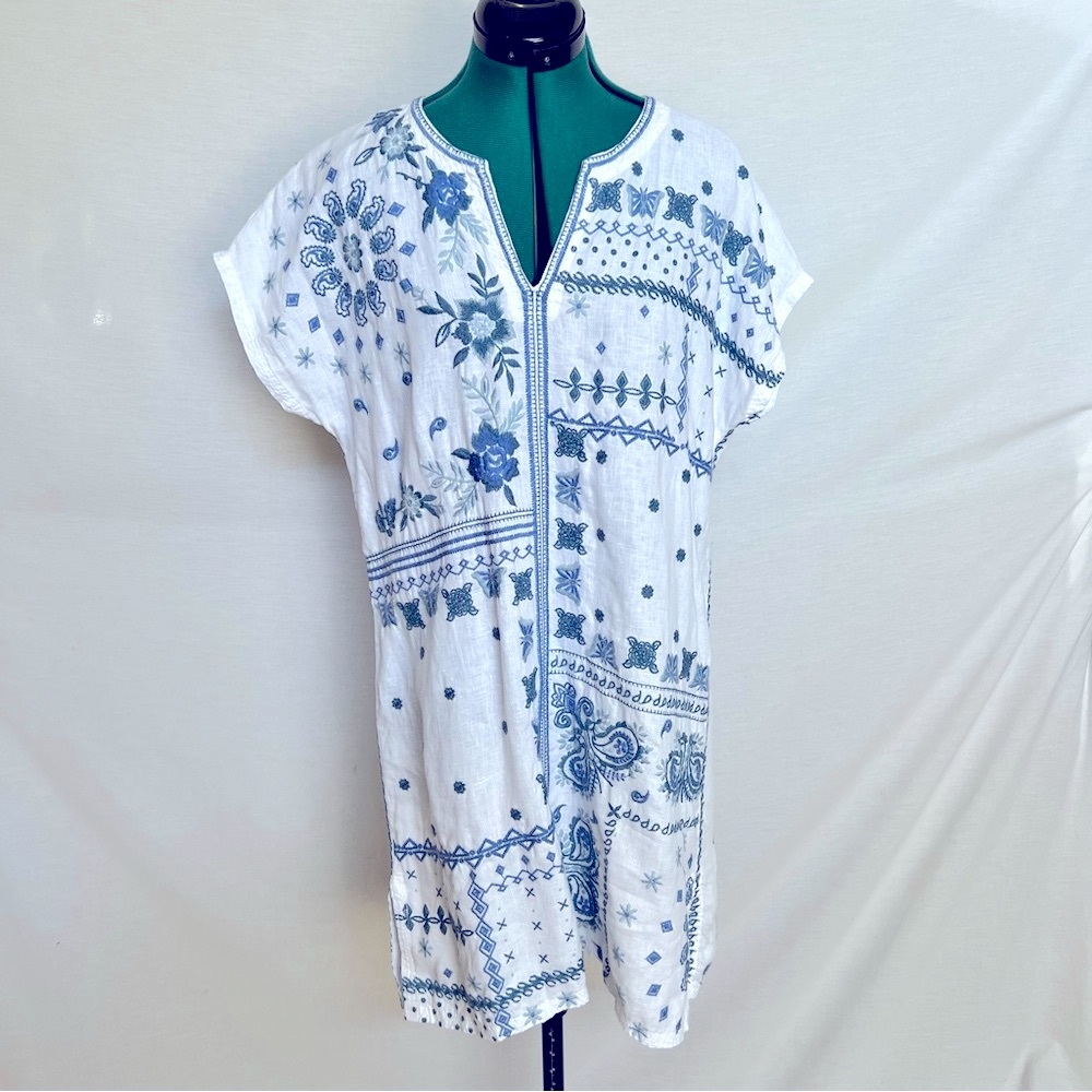 Johnny Was White and Blue 100% Linen Embroidered Boxy Dress